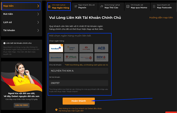 Nạp tiền Debet qua tài khoản ngân hàng siêu đơn giản